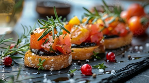 A beautifully arranged gourmet platter featuring bruschetta with fresh tomato and herb toppings, garnished with rosemary sprigs and vibrant berries on a rustic slate board