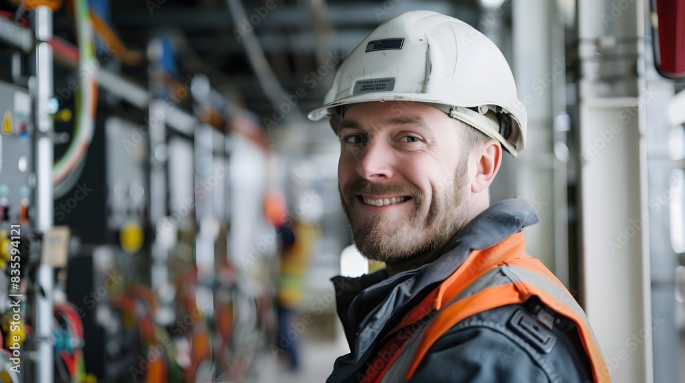 Fototapeta premium Industrial Worker in Hard Hat Overseeing Factory with Determination and Efficiency