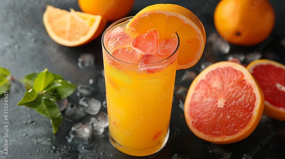 A refreshing tall glass of orange and grapefruit juice, garnished with grapefruit slices, surrounded by fresh fruits and ice cubes on a dark background