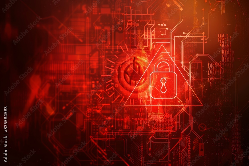 Obraz premium Abstract red background with warning sign and lock icons for an online security concept, vector illustration.
