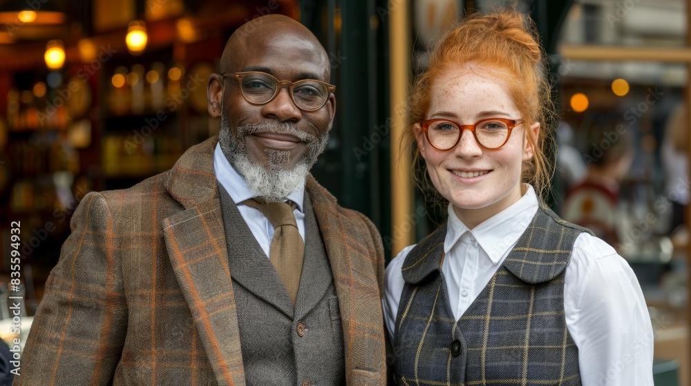 An image of two smiling individuals, both dressed in a vintage, smart casual style, standing together in an urban setting with a warm atmosphere An image of two smiling individuals, both dressed in a vintage, smart casual style, standing together in an urban setting with a warm atmosphere