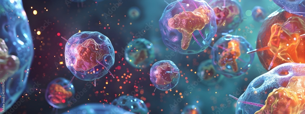 Vibrant Cellular Processes Depicted in Futuristic Molecular Structures Vibrant Cellular Processes Depicted in Futuristic Molecular Structures