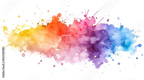 Bright colorful watercolor splash splatter stain brush stroke on white background. Modern vibrant aquarelle spot. Rainbow trendy isolated design on white. Element. Vector watercolor
