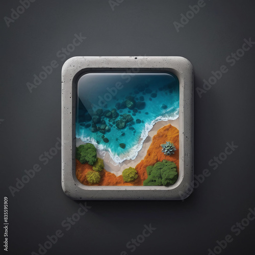 ui ux 3D realistic icon with aerial beach Island river nature grass and concrete as frame, use for icon app with skeuomorphism, skeuomorphic design element photo