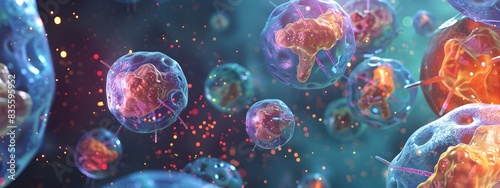 Vibrant Cellular Processes Depicted in Futuristic Molecular Structures