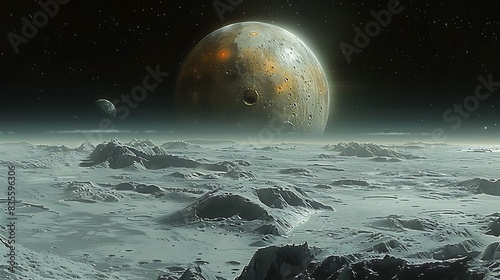 spacecraft approaching Pluto with Charon and the tiny moons Styx Nix Kerberos and Hydra in the distant backdrop photo