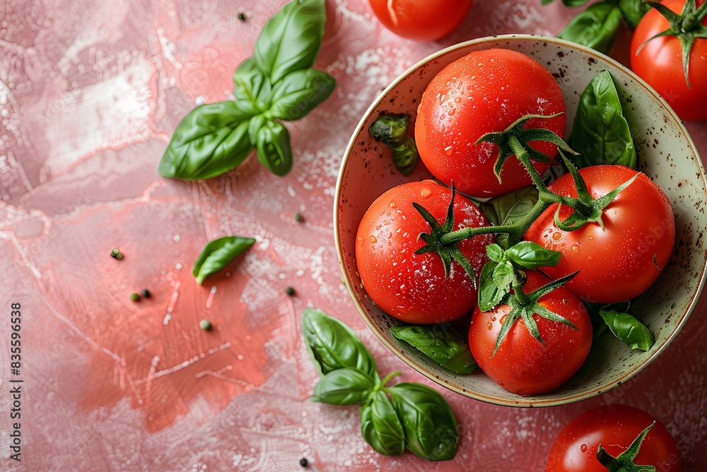 A bowl of tomatoes and basil leaves on a table A bowl of tomatoes and basil leaves on a table