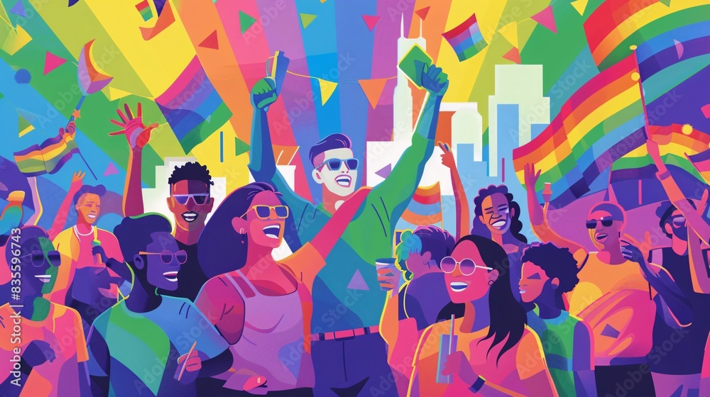 A lively vector illustration capturing the spirit of unity and celebration at an LGBTQ+ and Pride month festival in an urban setting, with its vibrant color palette, simple shapes, and modern design