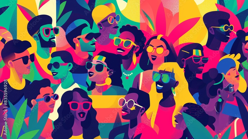 Fototapeta premium An energetic vector illustration capturing the dynamic essence of an LGBTQ+ and Pride month festival, with its diverse crowd, bold color palette, and modern design aesthetic, providing a visually