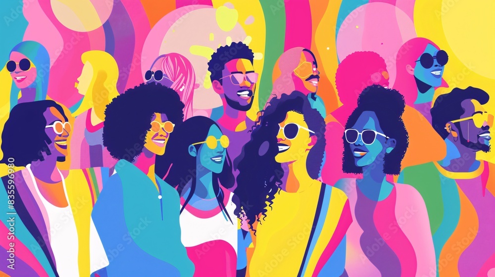 A lively vector illustration showcasing the joy and unity of an LGBTQ+ and Pride month festival, featuring a diverse group of participants, vibrant colors, and clean lines, suitable for promotional