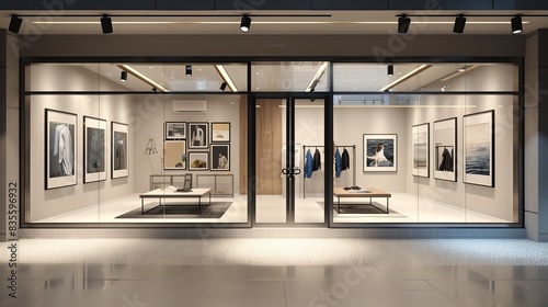 Photo of a clothing store with four separate rooms, with picture frames hanging on the walls, The Sims style from the outside, white background. photo