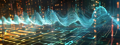 Futuristic 3D Rendered Seismograph Displaying Seismic Waves and Frequency Data