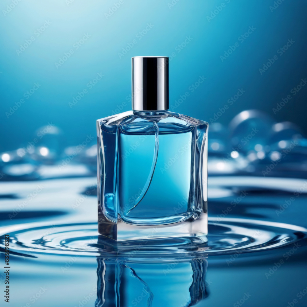 Perfume bottle in water on a blue background. Perfume bottle in water on a blue background.