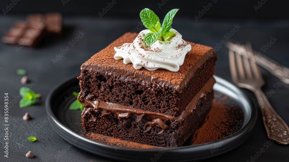 A close up image of a plate containing chocolate cake topped with cream mint leaves and a fork set against a black backdrop