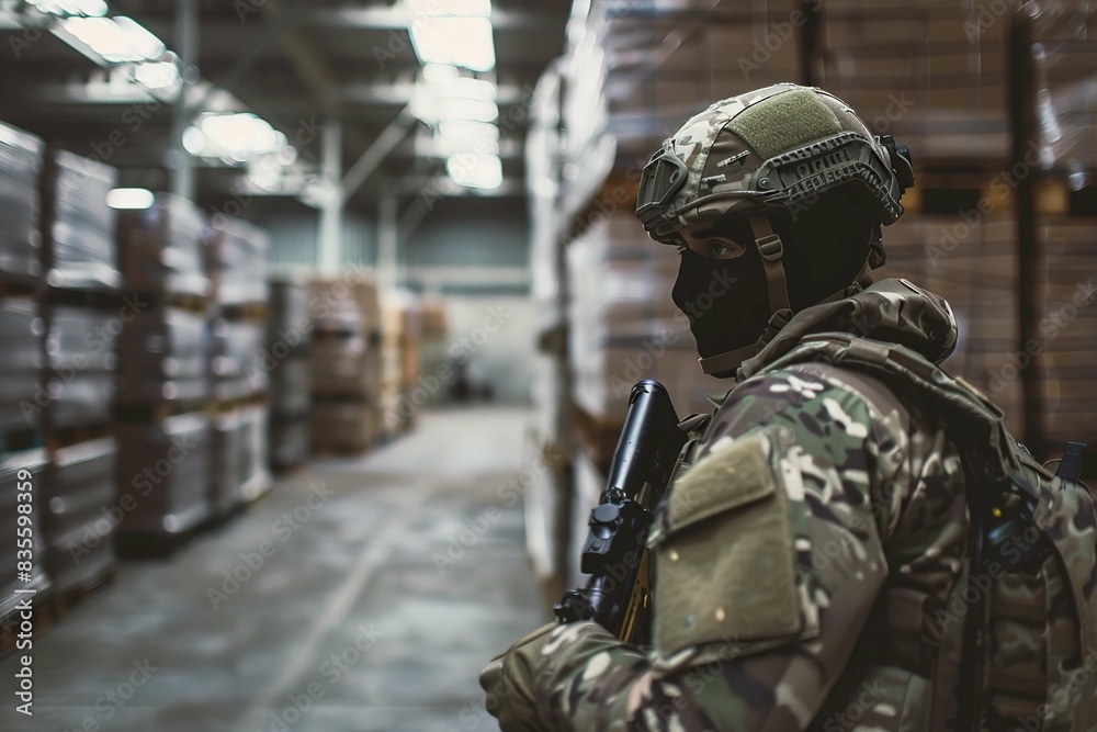 soldier conducting a search operation in a warehouse