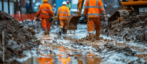 Cinematic photo of three workers in yellow suits walking through mud and water at an industrial site, back view, dirt on the ground, muddy terrain, mud present, in the style of Anthropic photo