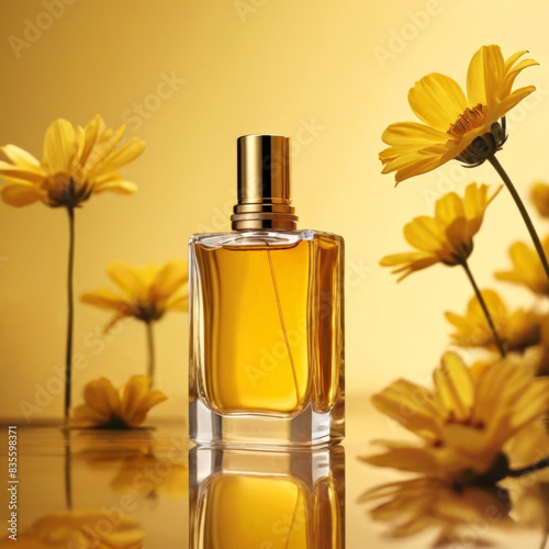 Perfume bottle without a label on a yellow background, surrounded by flowers.