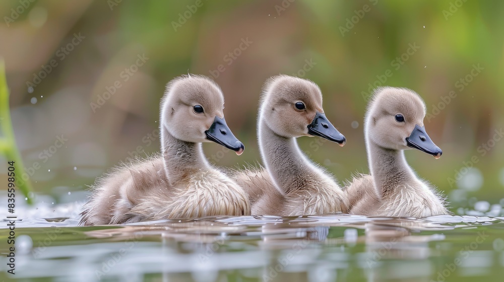 Young swans are initially born with gray feathers and black bills but their plumage transitions to brown over the initial half year before they gain the ability to take flight Young swans are initially born with gray feathers and black bills but their plumage transitions to brown over the initial half year before they gain the ability to take flight