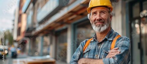 A portrait of a smiling aged male construction worker with glasses and orange helmet standing in front of a new building, vibrant colors, studio lighting © Bolustck