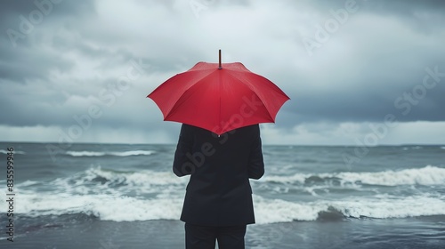 Rear view of a businessman standing in stormy seaside in cloudy day while holding red umbrella © Aqsa