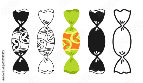 Candy with ornament wrapped sign set. Sweets bonbon lollipop chocolate, caramel candies snack flat silhouette, icon linear design. Simple symbol tasty sugar dessert food. Wrapped yummy caramel vector