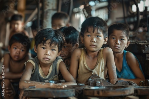 Group portrait of young asian children forced into labor, working in a dirty factory, facing poverty and abuse, concept of child slavery photo