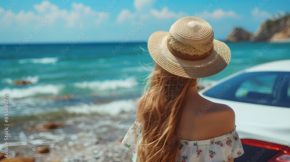 Rear view of a young woman traveler in the summer hat standing near car on the seaside beach and looking to the sea