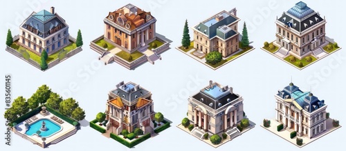 set of isometric graphic design buildings for mobile game, luxury mansion with garden and swimming pool in the style of french architecture, detailed renderings, high resolution,  © Bolustck