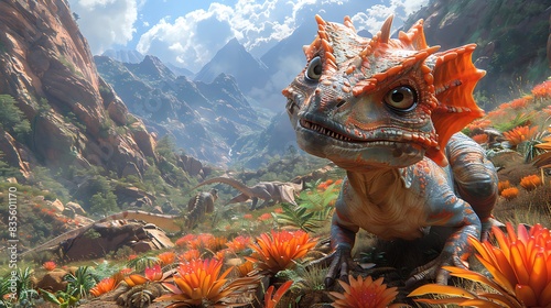young Dracorex exploring a colorful alienlike landscape with strange plants and rock formations and other dinosaurs nearby