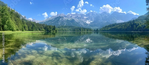 A panoramic view of the Alps reflecting in Lake peaks and autumn foliage, photo