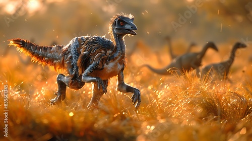 young Gigantoraptor running through a grassy plain with a herd of other dinosaurs in the background