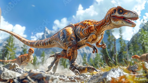 young male Compsognathus running through a rocky terrain with a clear blue sky above and other dinosaurs nearby