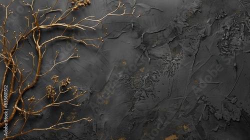 Abstract tree branch on dark gray background with copy space. Gold branches of dry plant on textured wall, decoration for wedding or other events. © Ammar