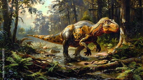 young male Iguanodon running through a dense jungle with ferns and ancient trees surrounding it and adult dinosaurs nearby photo