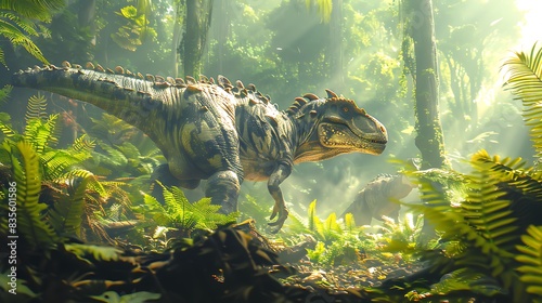 young male Iguanodon running through a dense jungle with ferns and ancient trees surrounding it and adult dinosaurs nearby