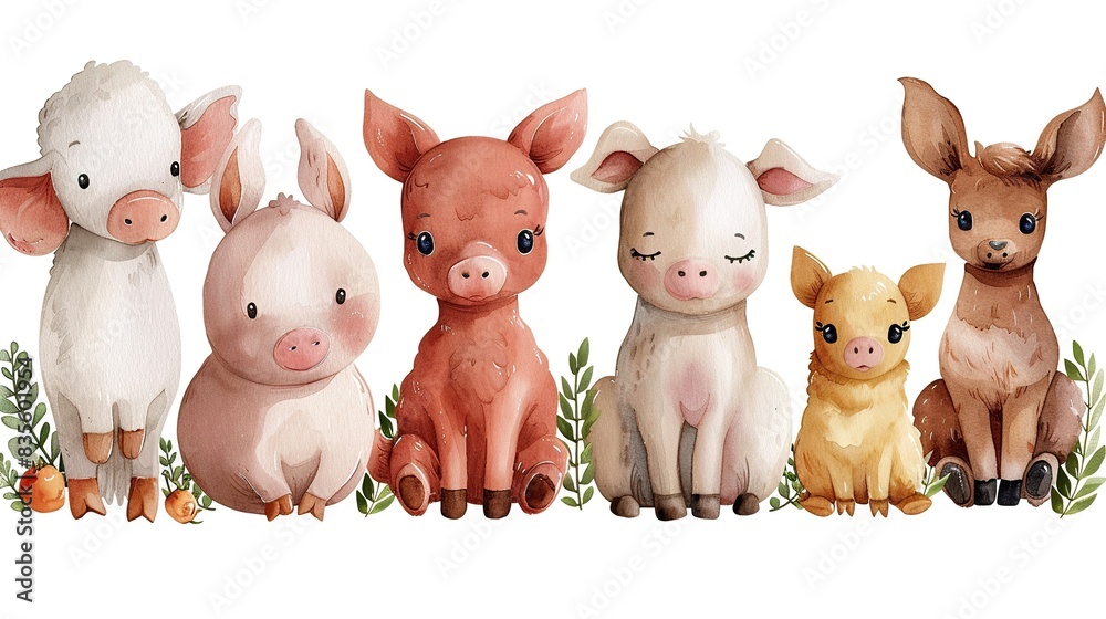 Set of cute watercolor farm animals. Pig, lamb, goat and donkey. Isolated on white background.