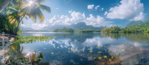 A serene tropical beach with palm trees, mountains in the background and a clear blue sky. The water is calm reflecting the clouds above it. A small island can be seen on one side of the scenic view photo