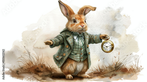Curious watercolor rabbit in a waistcoat holding a pocket watch.