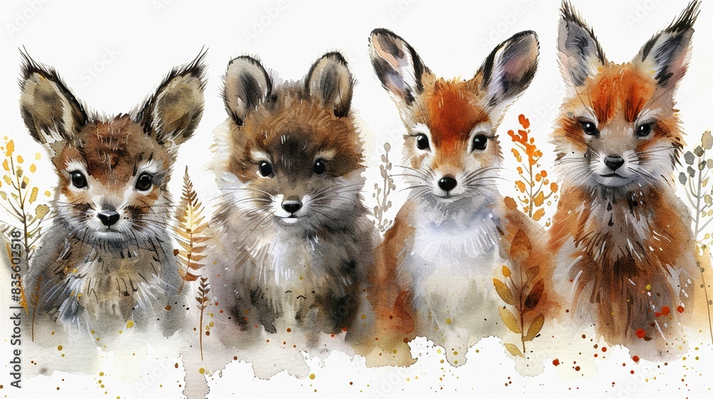 Obraz premium Set of cute watercolor woodland animals. Perfect for nursery art, woodland baby shower, or children's book illustrations.