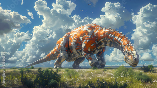 adorable young Camarasaurus grazing peacefully in a large open field depicted in an art style