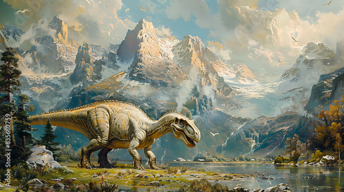 adorable young Diplodocus walking majestically through a valley depicted in a painting