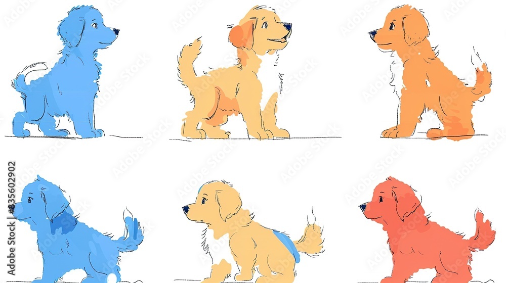 Fototapeta premium A set of cute cartoon dogs in different colors. The dogs are all different breeds and are all looking in different directions. The dogs are all standing on a white background.
