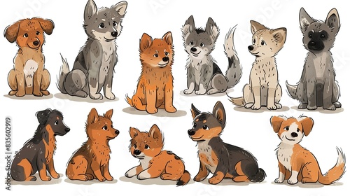 A set of cute cartoon puppies of different breeds. photo
