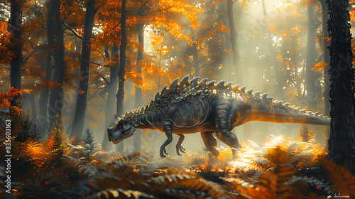 adorable young Europasaurus walking through a dense forest with sunlight filtering through the canopy depicted in an infographic photo