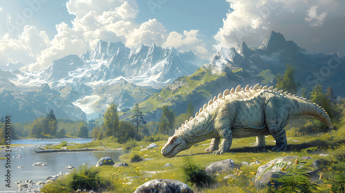 adorable young Iguanodon grazing peacefully in a large open field with mountains in the background depicted in a wallpaper