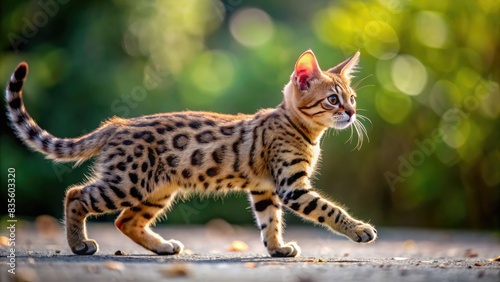 Spotted Bengal Kitten Running Sideways on a Path. Generative AI © Irina