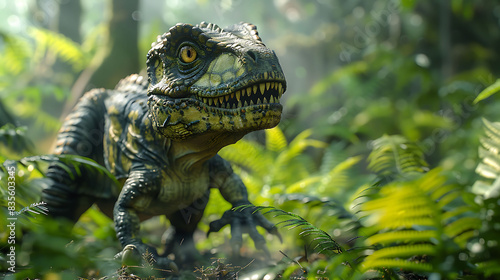 adorable young Irritator lurking in the shadows of a dense jungle with mist covering the ground depicted in a 3D rendering photo