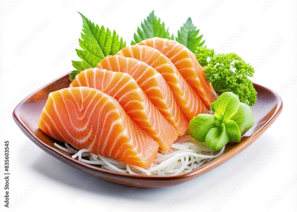 Fresh Raw Salmon Sashimi on a Plate With Greens. Generative AI Fresh Raw Salmon Sashimi on a Plate With Greens. Generative AI