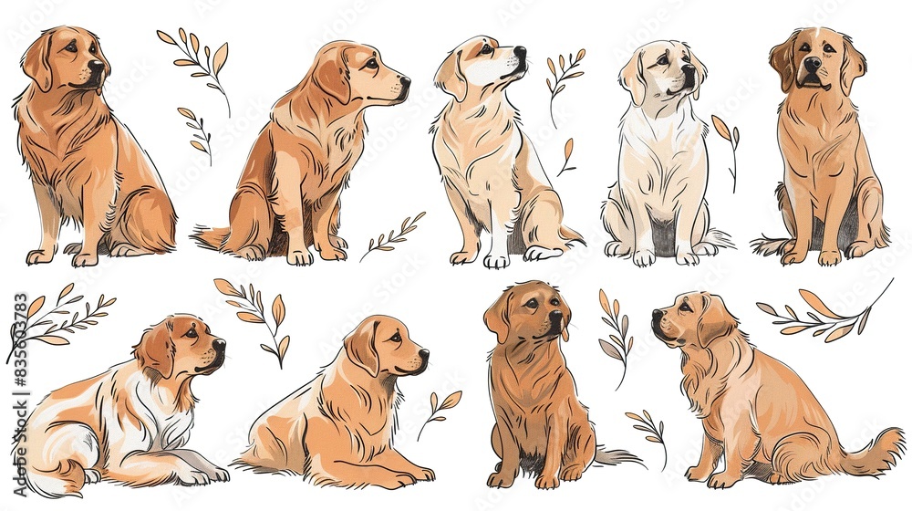 Fototapeta premium Set of cute golden retriever dogs in different poses. Vector illustration.