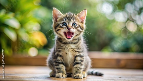 A Tabby Kitten Sitting on a Wooden Deck Screaming With Mouth Open. Generative AI